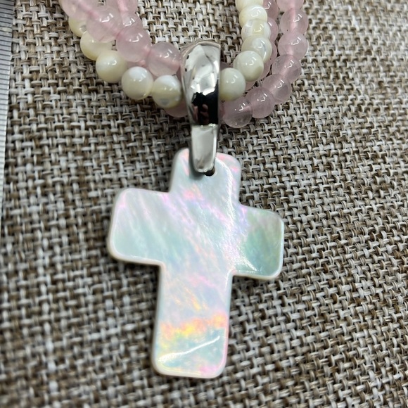 Vintage Rose Quartz Pearl Necklace Set - Mother-of-Pearl Cross Pendant - Picture 16 of 16